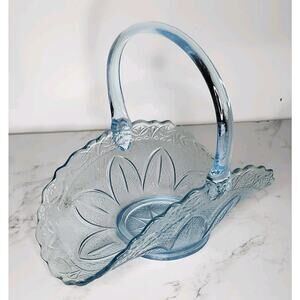 Fenton Blue Glass Basket with Handle – Daisy & Button / Starburst Pattern –